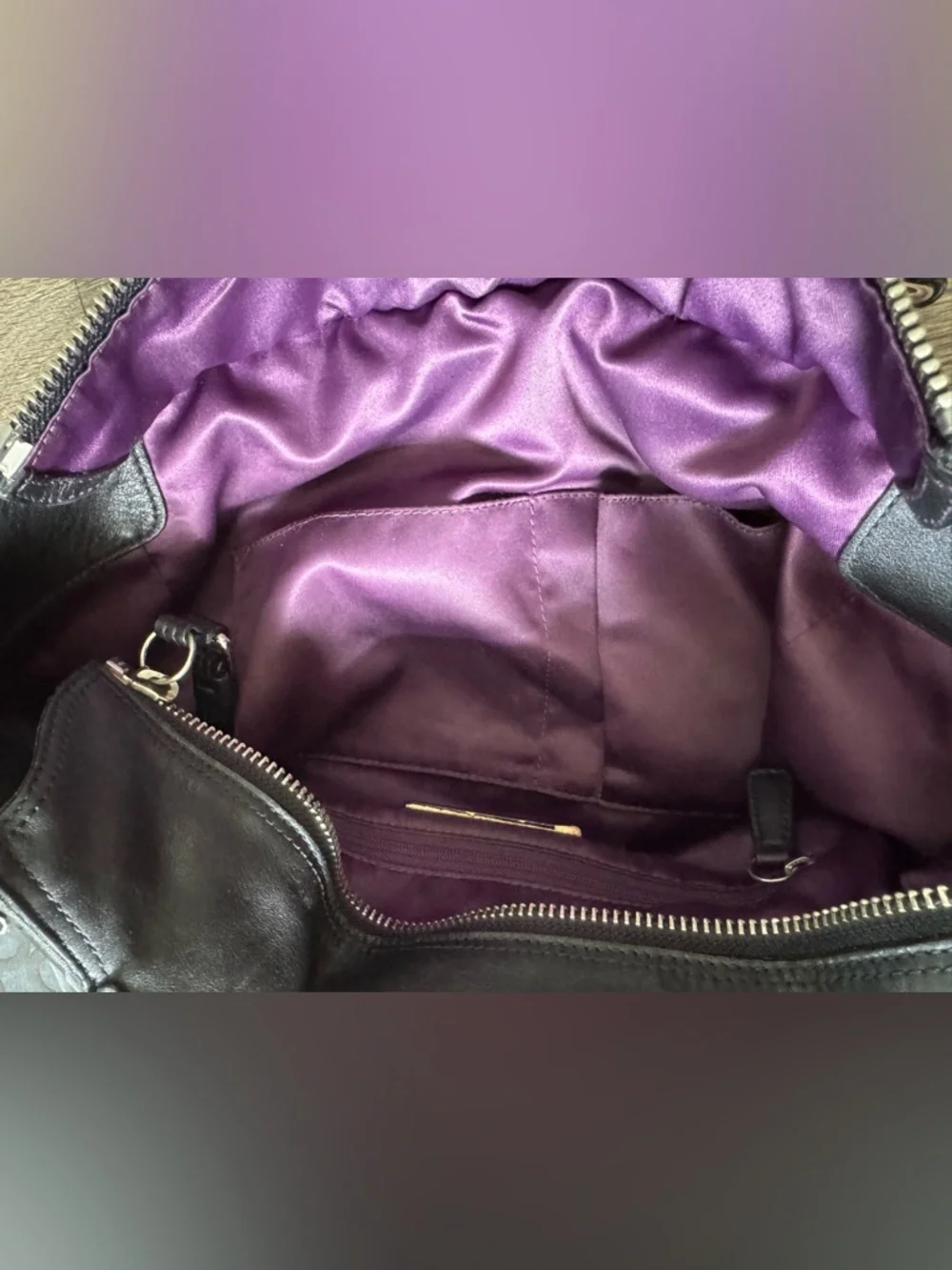 Coach Mia Op Art Signature Logo Large Bag Black/Gray Zip Purple Lining w/ Wallet